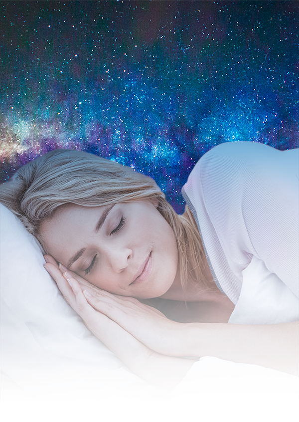 Image of a woman sleeping peacefully against a starry background